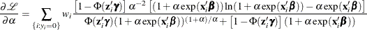 \[  \frac{\partial \mathcal{L}}{\partial \alpha } = \sum _{\{ i: y_{i}=0\} } w_ i\frac{\left[ 1-\Phi (\mathbf{z}_{i}\bgamma ) \right]\alpha ^{-2} \left[(1 + \alpha \exp (\mathbf{x}_{i}\bbeta )) \ln (1 + \alpha \exp (\mathbf{x}_{i}\bbeta ))-\alpha \exp (\mathbf{x}_{i}\bbeta )\right]}{\Phi (\mathbf{z}_{i}\bgamma ) (1 + \alpha \exp (\mathbf{x}_{i}\bbeta ))^{(1+\alpha )/\alpha } + \left[1 -\Phi (\mathbf{z}_{i}\bgamma ) \right] (1 + \alpha \exp (\mathbf{x}_{i}\bbeta ))}\\  \]