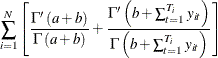 $\displaystyle  \sum _{i=1}^{N}\left[\frac{\Gamma \left(a+b\right)}{\Gamma \left(a+b\right)}+\frac{\Gamma \left(b+\sum _{t=1}^{T_{i}}y_{it}\right)}{\Gamma \left(b+\sum _{t=1}^{T_{i}}y_{it}\right)}\right] $