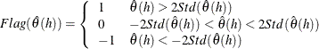 $Flag(\hat{\theta }(h)) = \left\{  \begin{array}{l l} 1 &  \hat{\theta }(h) > 2Std(\hat{\theta }(h)) \\ 0 &  -2Std(\hat{\theta }(h))< \hat{\theta }(h) < 2Std(\hat{\theta }(h)) \\ -1 &  \hat{\theta }(h) < -2Std(\hat{\theta }(h)) \\ \end{array} \right.$