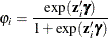 \[ \varphi _{i}=\frac{\exp (\mathbf{z}_{i}'\bgamma )}{1+\exp (\mathbf{z}_{i}'\bgamma )} \]