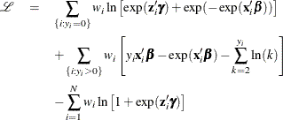 \begin{eqnarray*} \mathcal{L} & = & \sum _{\{ i: y_{i}=0\} } w_ i\ln \left[\exp (\mathbf{z}_{i}’\bgamma )+\exp (-\exp (\mathbf{x}_{i}’\bbeta )) \right] \\ & & + \sum _{\{ i: y_{i}>0\} }w_ i\left[y_{i} \mathbf{x}_{i}’\bbeta -\exp (\mathbf{x}_{i}’\bbeta ) - \sum _{k=2}^{y_{i}}\ln (k) \right] \\ & & - \sum _{i=1}^{N}w_ i\ln \left[ 1 + \exp (\mathbf{z}_{i}’\bgamma ) \right] \end{eqnarray*}