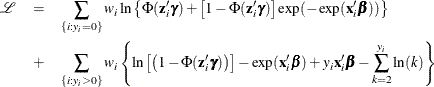 \begin{eqnarray*} \mathcal{L} & = & \sum _{\{ i: y_{i}=0\} }w_ i\ln \left\{ \Phi (\mathbf{z}_{i}’\bgamma ) + \left[ 1- \Phi (\mathbf{z}_{i}’\bgamma )\right] \exp (-\exp (\mathbf{x}_{i}’\bbeta )) \right\} \\ & + & \sum _{\{ i: y_{i}>0\} }w_ i\left\{ \ln \left[ \left( 1-\Phi (\mathbf{z}_{i}’\bgamma )\right) \right] - \exp (\mathbf{x}_{i}’\bbeta ) + y_{i} \mathbf{x}_{i}’\bbeta - \sum _{k=2}^{y_{i}} \ln (k) \right\} \end{eqnarray*}