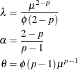 \begin{align*} \lambda & = \frac{\mu ^{2-p}}{\phi (2-p)} \\ \alpha & = \frac{2-p}{p-1} \\ \theta & = \phi (p-1) \mu ^{p-1} \end{align*}