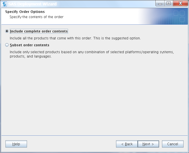 Specify Order Options page