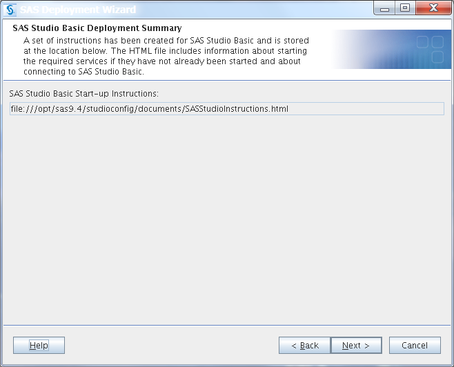 SAS Studio Basic Deployment Summary page