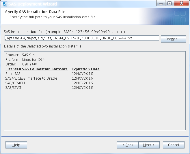 Specify SAS Installation Data File page