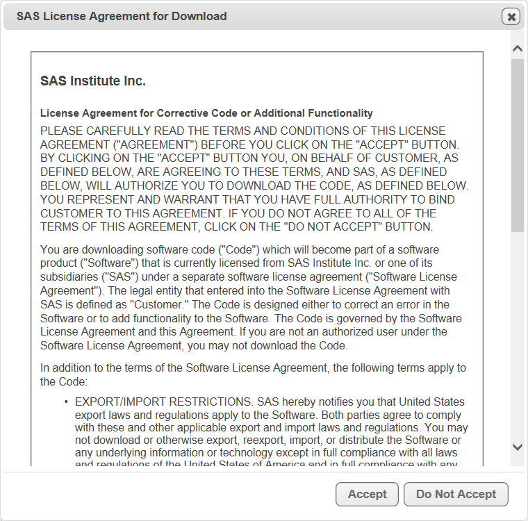 SAS License Agreement for Download window