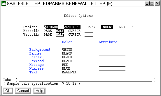 [EDPARMS Window Showing Parameter Settings for an FSLETTER Document]