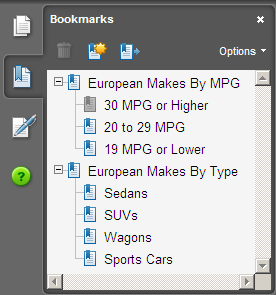 Adobe Acrobat bookmarks pane