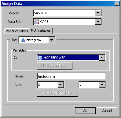Assign Data dialog box, variables for the simple graph