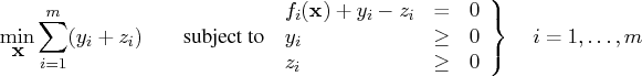 \min_{{x}} \sum_{i=1}^m (y_i + z_i)     { subject to }    . f_i({x}) + y_i - z_i & = & 0 \    y_i & \geq & 0 \    z_i & \geq & 0    \}  i=1, ... ,m    