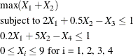 \begin{eqnarray*} & &  \max ( X_1 + X_2 ) \\ & &  \mbox{subject to } 2X_1 + 0.5X_2 -X_3 \leq 1 \\ & &  0.2X_1 + 5X_2 -X_4 \leq 1 \\ & &  0 \leq X_ i \leq 9 \mbox{ for i = 1, 2, 3, 4} \end{eqnarray*}