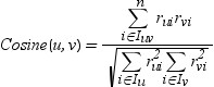 The equation to calculate the cosine similarity measure between users. Click image for alternative formats.