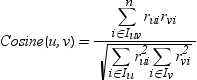 The equation to calculate the cosine similarity measure between users