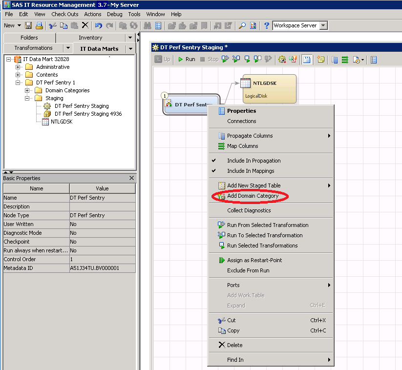 Properties of Staging transformation with Add Domain Category circled in red