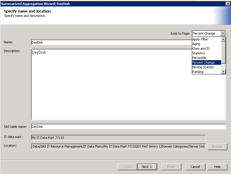 Jump to Percent Change Page for a Summarized Aggregation Table