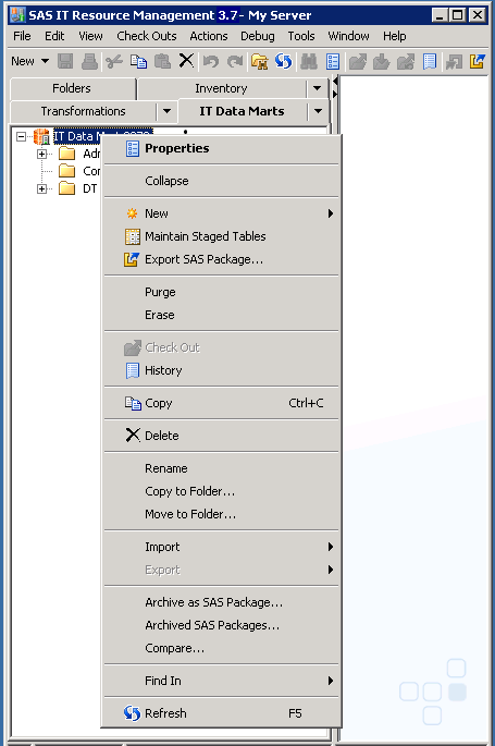 Actions available by right-clicking an IT data mart object