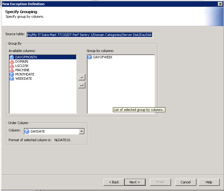 Specify Grouping Page of the New Exception Definition Wizard