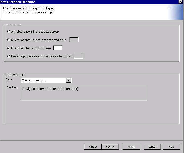 Occurrences and Exception Type Page of the New Exception Definition Wizard