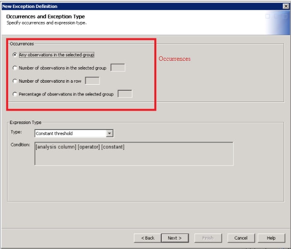 Occurrences Part of the Occurrences and Exception Type Page of the Exception Definition Wizard