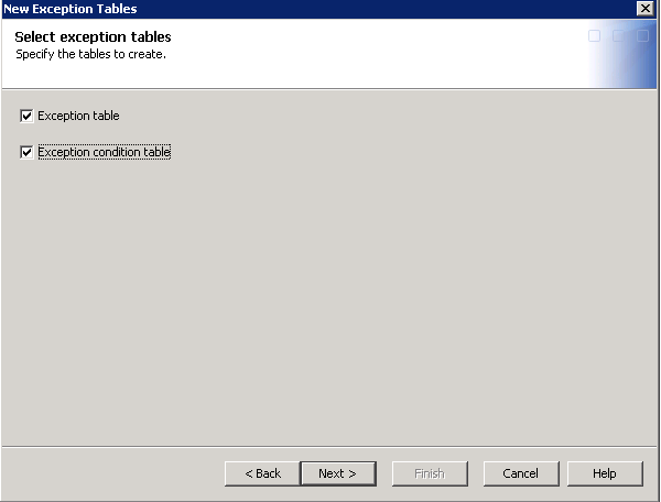 Select Exception Tables Page of the New Exception Tables Wizard