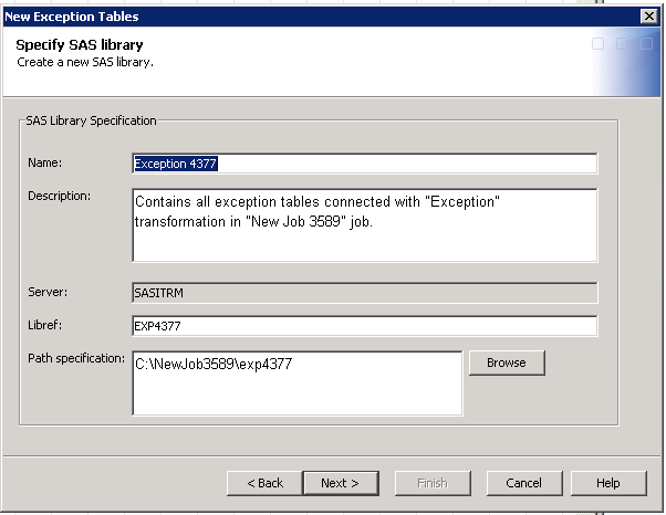 Specify SAS library page of the wizard