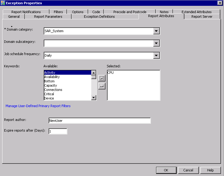 Report Attributes Tab of the Exception Transformation