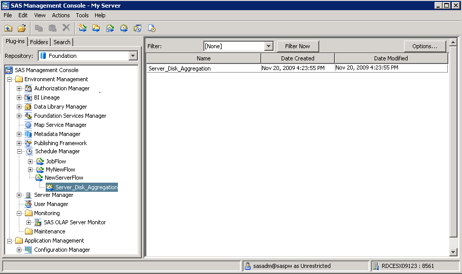 SAS Management Console Window Showing Scheduled Job Flow