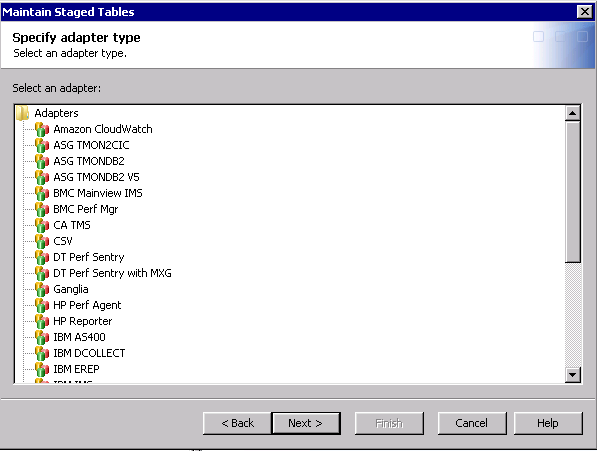 Maintain Staged Tables Wizard: Specify an Adapter