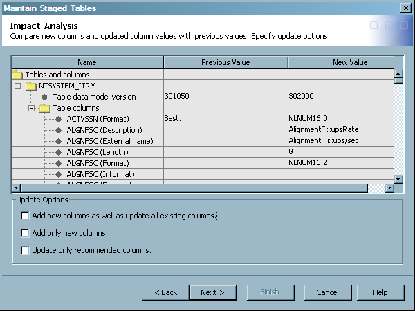 Maintain Staged Tables Wizard: Impact Analysis Page