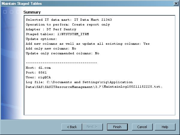 Maintain Staged Tables Wizard: Summary Page