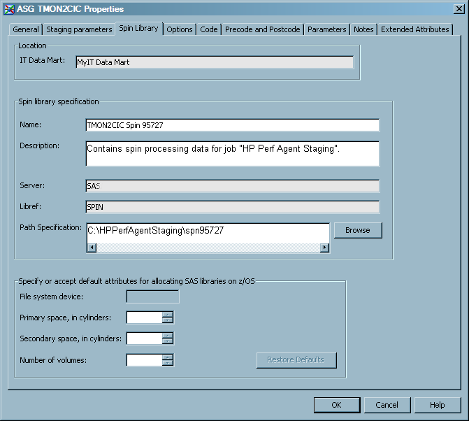 Staging Transformation Properties: Spin Library Tab