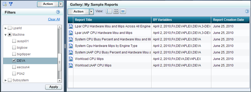 Example of One Machine Filter Applied to View Reports in a Gallery