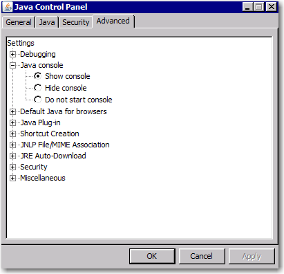 Advanced Tab of the Java Control Panel