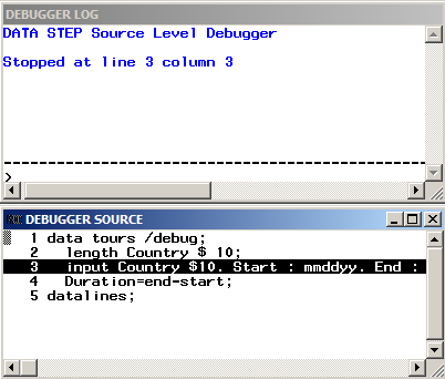 DATA step debugger results