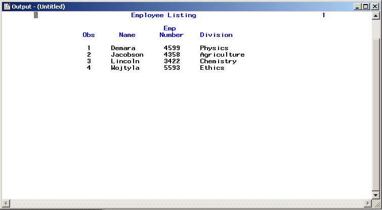 Example of Listing Output in the Output Window