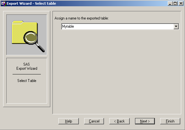 Export Wizard: Select table window