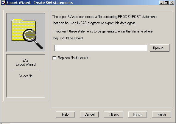 Export Wizard: Create SAS statements window