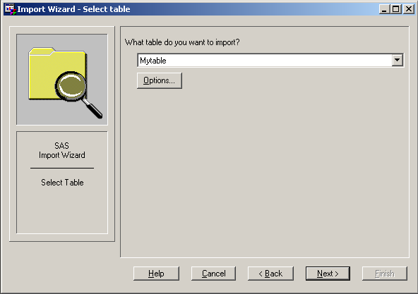 Import Wizard: Select table window
