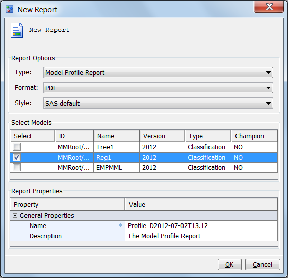 The New Report Window Model Profile Report