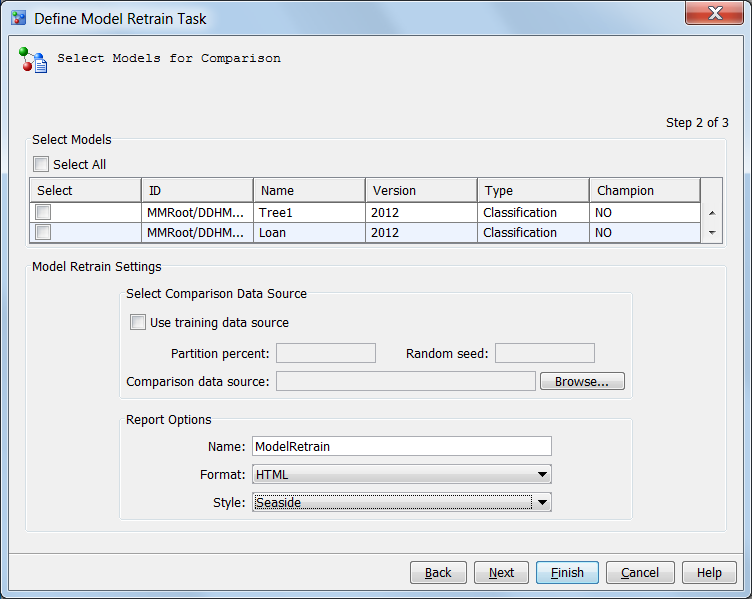 Select Models for Comparison for Model Retrain Task