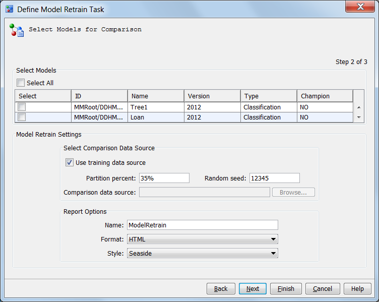 Select Models for Comparison for Model Retrain Task