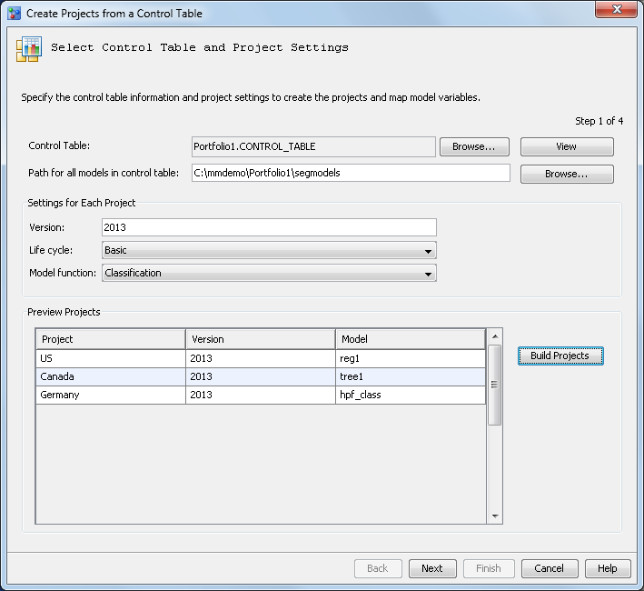 Select Control Table and Project Settings – completed view