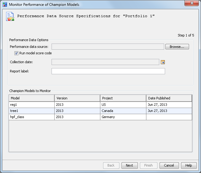 Monitor Performance of Champion Models wizard – Step 1 of 5
