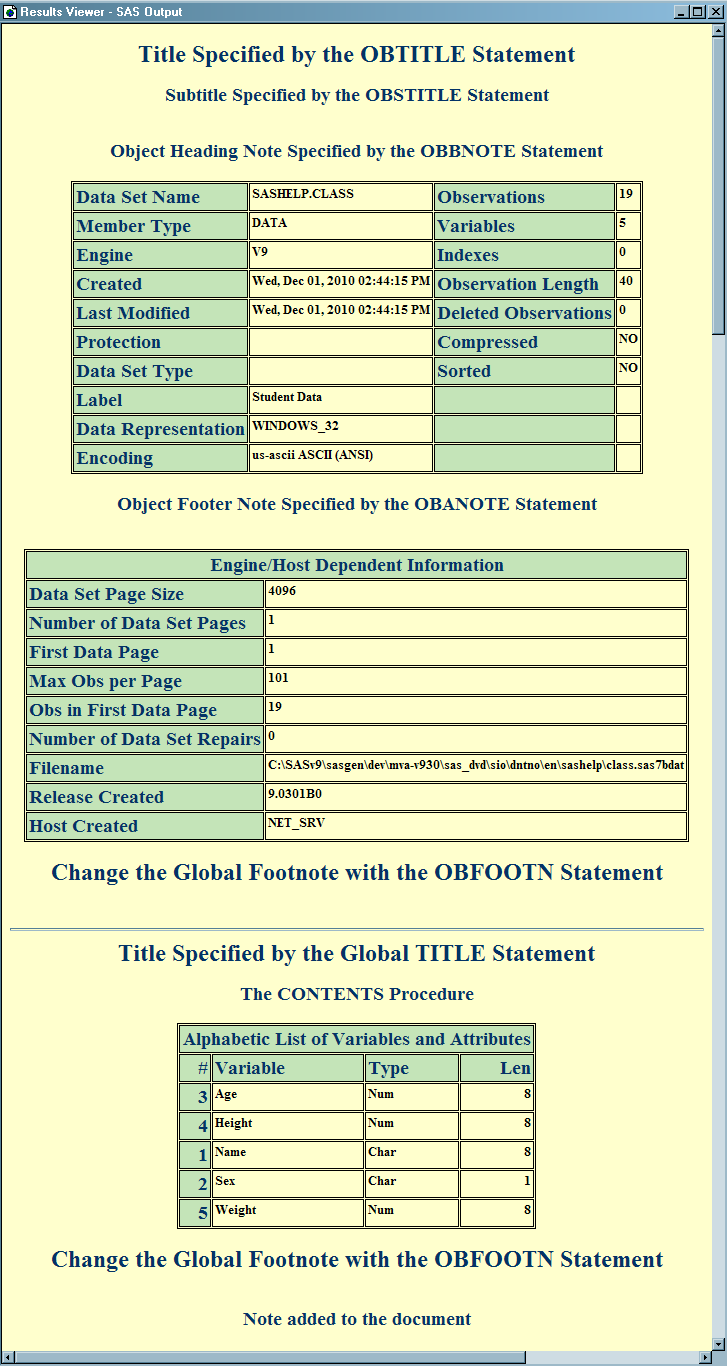 Global Title, Global Footnote, Subtitle, Object Heading Note, Object Footer Note, and Note