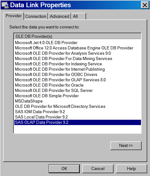 Screenshot van SAS OLAP Server software.