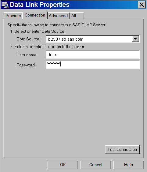 Screenshot van SAS OLAP Server software.