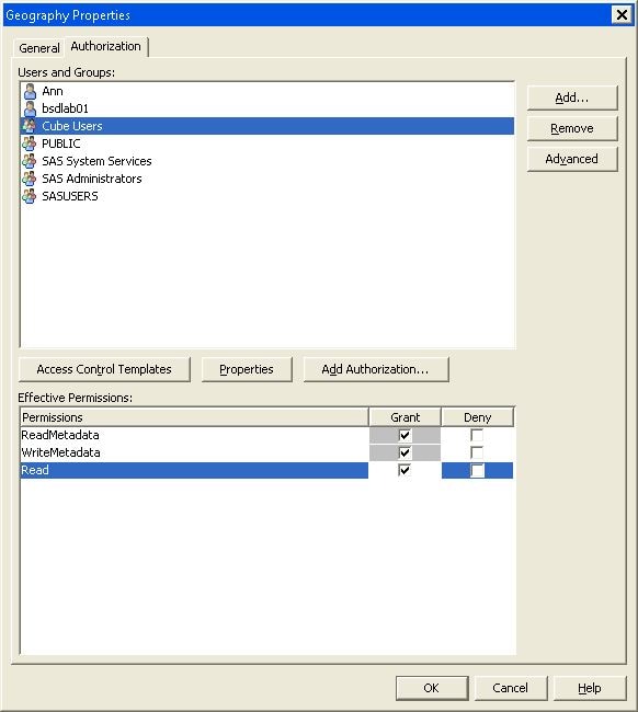 Dimension Properties – Authorization Tab