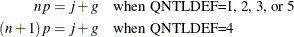 \begin{align*} np & = j + g \quad \mbox{when QNTLDEF=1, 2, 3, or 5} \\ (n+1)p & = j + g \quad \mbox{when QNTLDEF=4} \\ \end{align*}