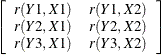 $\displaystyle  \left[ \begin{array}{ccc} r(Y1,X1) &  r(Y1,X2) \\ r(Y2,X1) &  r(Y2,X2) \\ r(Y3,X1) &  r(Y3,X2) \\ \end{array} \right]  $